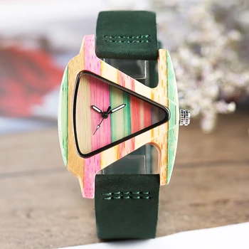Unic Lemn Colorat Ceas Creative Triunghi Forma Cadran Ceas Oră Femei Cuarț Brățară din Piele Ceas Femei pe Încheietura mîinii Reloj Mujer