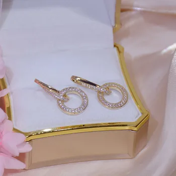 14k Real Placat cu Aur Moda Bijuterii Cristal Rotund Rafinat Cercei Lungi pentru Femeie Petrecere de Vacanță Elegant Cercel