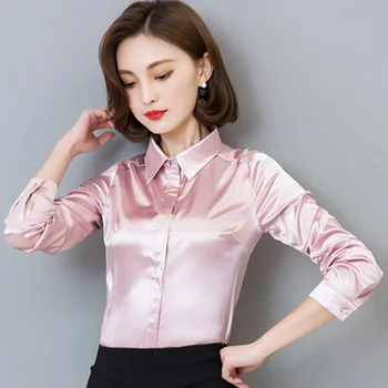 De Vânzare la cald Femei Imitație de mătase satin bluza buton cu maneci lungi rever doamnelor birou Slim munca tricouri satin de mătase bluze tricou