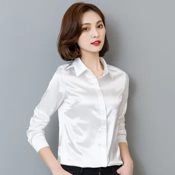 De Vânzare la cald Femei Imitație de mătase satin bluza buton cu maneci lungi rever doamnelor birou Slim munca tricouri satin de mătase bluze tricou