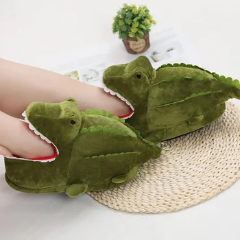 Casa Cu Blană Pentru Femei Papuci De Desene Animate Drăguț Crocodil Design Dormitor Verde Doamnelor Pantofi Plat Interior Cald Blana Femei Papuci Onesize
