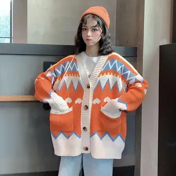 Cardigan Femei Singure Pieptul Buzunare Supradimensionate Colorat Fete Dulci Femei Tricotate de Agrement All-meci Moda Harajuku Uza