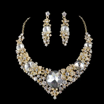 De lux Femei de cristal seturi de bijuterii de nunta nupțial colier cercei aur placate cu Partidul accesorii Bijuterii pentru mirese