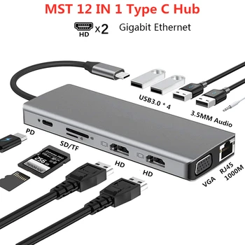 MST Stație de Andocare Dual HDMI 4K Monitor Dual USB C Adaptor USB 3.0, VGA, RJ45 PD Încărcare pentru Macbook Pro de Tip C Docking Converter