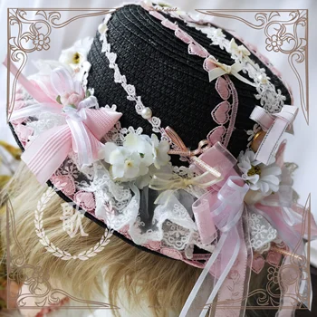 Vara Japoneză Lolita Manual Dulce Pălărie de Paie AP Bomboane de casa Moale Fata Dulce Cute Strawberry Arc Dantelă Flori Capac