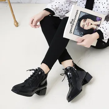 Moda Negru Glezna Cizme pentru Femei Toamna Iarna Bloc Toc mic Dantela-up Cizme Femei Pantofi de Piele de Brevet Zapato Mujer 2020
