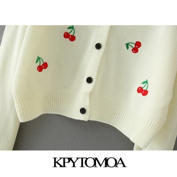 KPYTOMOA Femei 2020 Moda Cherry Broderie Decupată Tricotate Cardigan Pulover Vintage Maneca Lunga Femei Îmbrăcăminte exterioară Topuri Chic