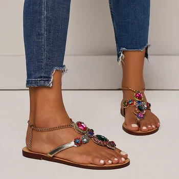 Plus Dimensiune 35-47 Femei Sandale De Cristal Colorate Pietre Lanțuri Curea Toc Plat Sandale Flip Flops, Sandale De Plajă Zapatos Mujer