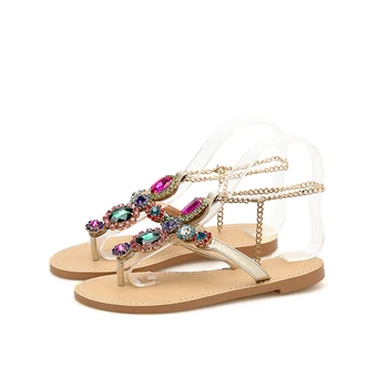Plus Dimensiune 35-47 Femei Sandale De Cristal Colorate Pietre Lanțuri Curea Toc Plat Sandale Flip Flops, Sandale De Plajă Zapatos Mujer