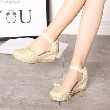 2020 Vintage Femei Sandale Casual Panza De Sandale De Vara Curea Glezna Med Toc Platforma Pompa De Espadrile Pantofi