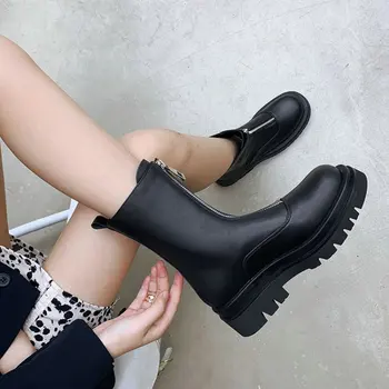 Iarna moale pu brand de lux pentru femei pantofi punk goth platforma indesata toc femeie motocicleta cizme glezna cu fermoar marimea 43