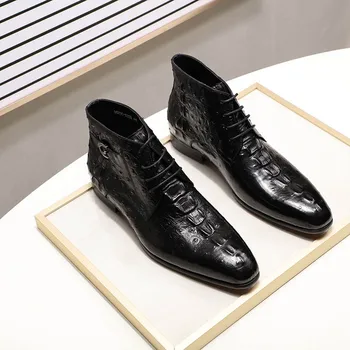 FELIX CHU Moda 2020 Design din Piele Barbati Cizme Glezna Crocodil Model de Dantela Sus Pantofi Rochie Maro Negru Om de Bază Cizme