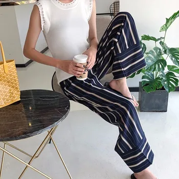 VGH cu Dungi Mozaic Largi Picior Pantaloni Pentru Femei Talie Mare Buzunar Casual Pantaloni Largi de Moda de sex Feminin Haine Noi de Vară 2020