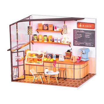 DIY Păpuși Kit cu LED Cafenea, Magazin de Cafea din Lemn Model Clădire Cadou