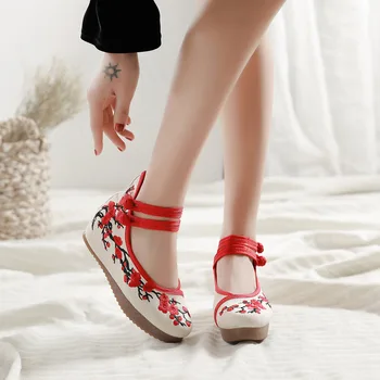 Stil Chinezesc Femei Plum Blossom Broderie Două Curele Glezna Moale Panza Pană Pantofi Casual Fete Dulci Chic Crește Pantofi