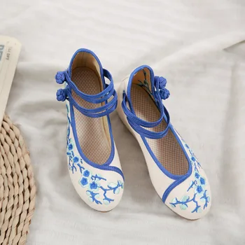 Stil Chinezesc Femei Plum Blossom Broderie Două Curele Glezna Moale Panza Pană Pantofi Casual Fete Dulci Chic Crește Pantofi