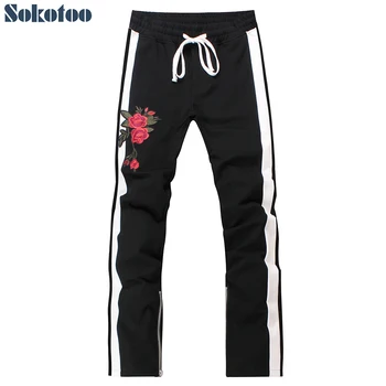 Sokotoo Bărbați elastic talie broderie flori pantaloni negri cu dungi Albe mozaic jos fermoare pantaloni de bumbac confortabil