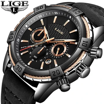 2019 Ceas LIGE Mens Ceasuri de Top de Brand de Lux Barbati Casual din Piele rezistent la apă, Cronograf Men Sport Cuarț Ceas Relogio Masculino