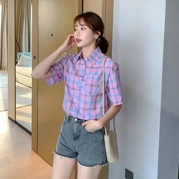 Coreeană De Moda De Vara Femei Carouri Camasa Maneca Scurta Tricouri Femei Streetwear Slim Mov Bluza Eleganta Office Doamnelor Topuri