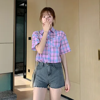 Coreeană De Moda De Vara Femei Carouri Camasa Maneca Scurta Tricouri Femei Streetwear Slim Mov Bluza Eleganta Office Doamnelor Topuri