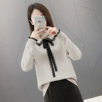Pulovere Femei Arc Șnururi Elegant de zi cu Zi Temperament Doamne de Birou Femei Stil coreean de Top Destul de Slim-fit la Modă Chic